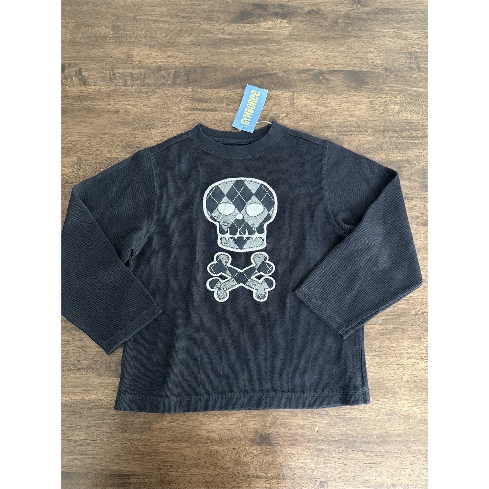 Gymboree Boys Skull Black & Gray Patch Embroidered Long‎ Sleeve T-Shirt Sz 5 NWT
